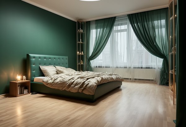 спальня изумрудно-зеленые шторы и кровать